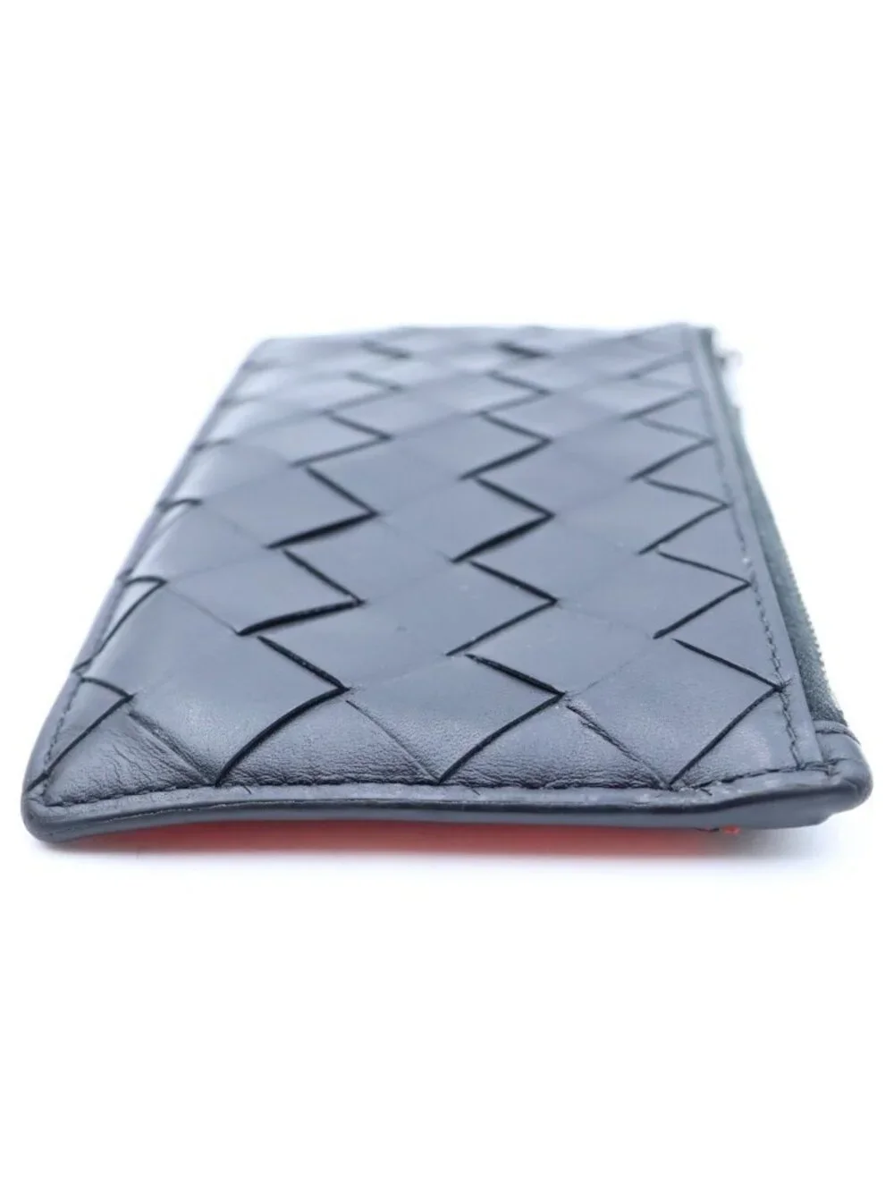 Bottega Veneta Intrecciato Leather Zippered Card Case Black Red